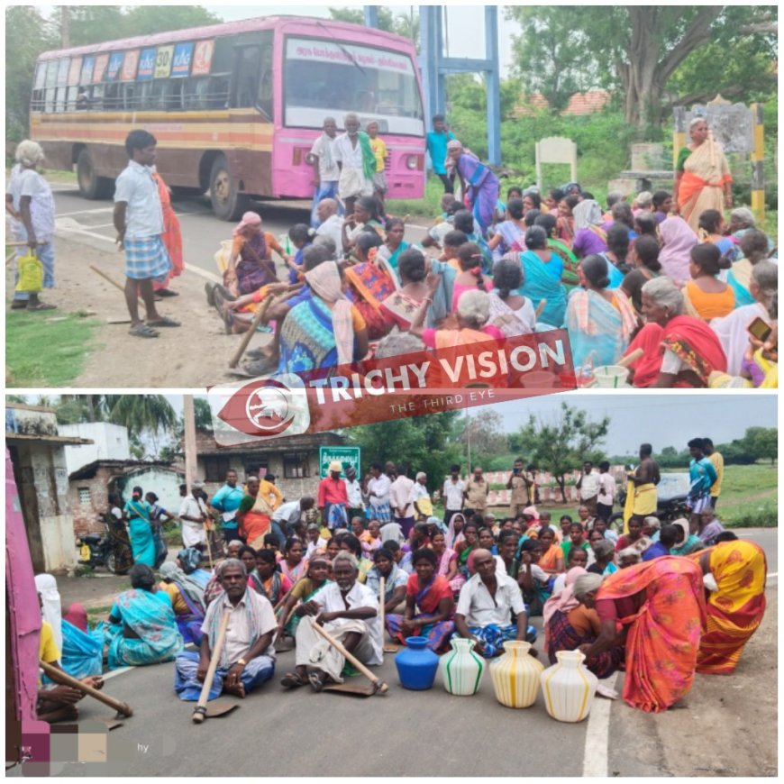 அரசு பேருந்து முன்பு குடங்களுடன் கிராம மக்கள் போராட்டம்