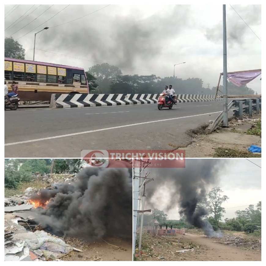 ஆற்றில் கொட்டப்பட்ட குப்பையில் தீ -  கரும் புகையால் வாகன ஒட்டிகள் அவதி.