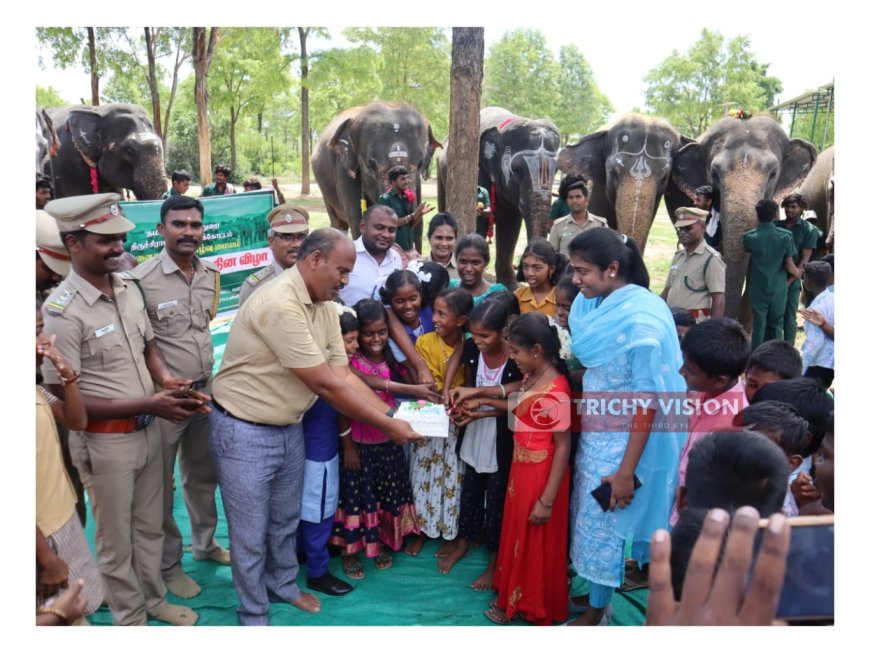 திருச்சியில் யானைகளுக்கு கேக் வெட்டி கொண்டாட்டம்