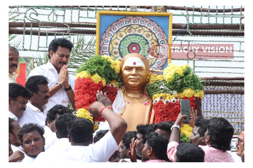 முத்துராமலிங்க தேவர் சிலைக்கு மாலை அணிவித்து மரியாதை செய்த அமைச்சர் மகேஸ்