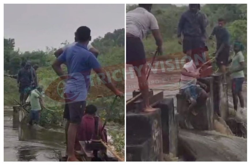 மீன்பிடிக்கச் சென்று ஆற்றில் சிக்கிக் கொண்ட நபர்கள் - கயிறு கட்டி பத்திரமாக மீட்ட இளைஞர்கள்.