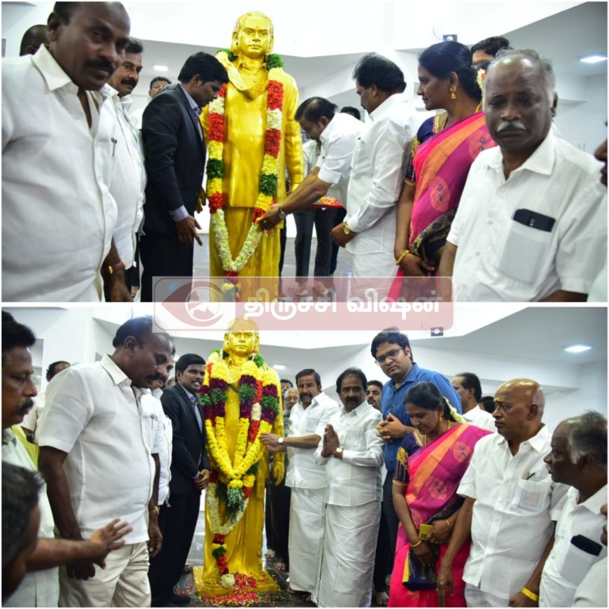 எம். கே தியாகராஜ பாகவதர் சிலைக்கு அமைச்சர் கே. என் நேரு மாலை அணிவித்து மரியாதை