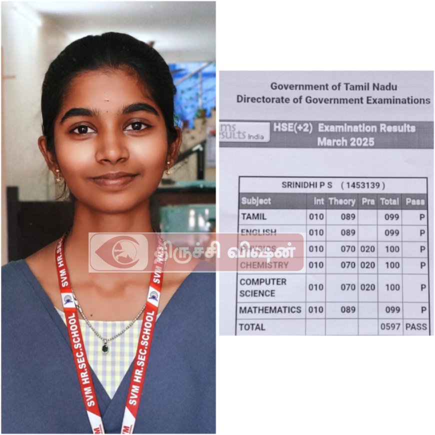 பன்னிரெண்டாம் வகுப்பு பொதுத் தேர்வில் மாநிலத்தில் மூன்றாவது இடமும் மாவட்டத்தில் முதலிடம் பிடித்து வெற்றி பெற்ற மாணவி ஸ்ரீநிதி