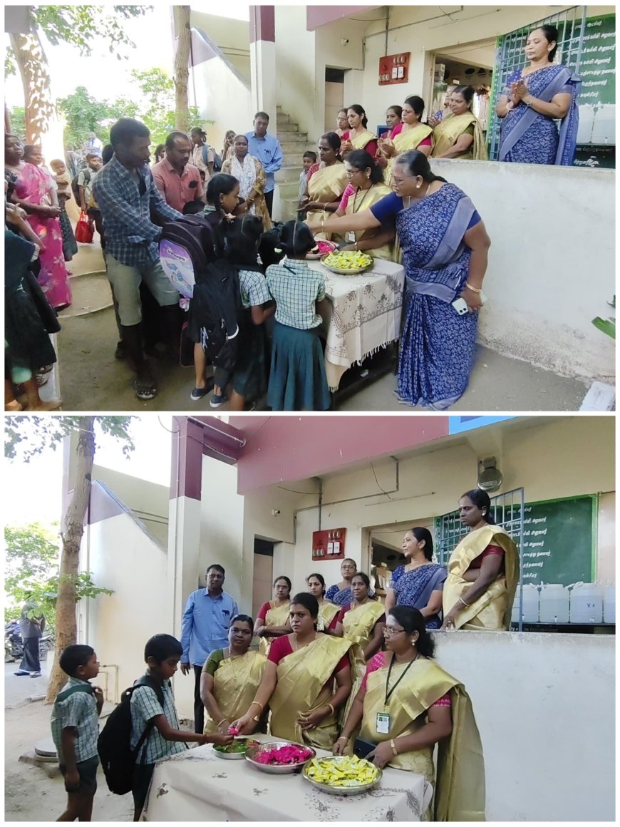 அரசு நடுநிலை பள்ளியில் மாணவர்களுக்கு மலர் இனிப்புகள் வழங்கி வரவேற்பு