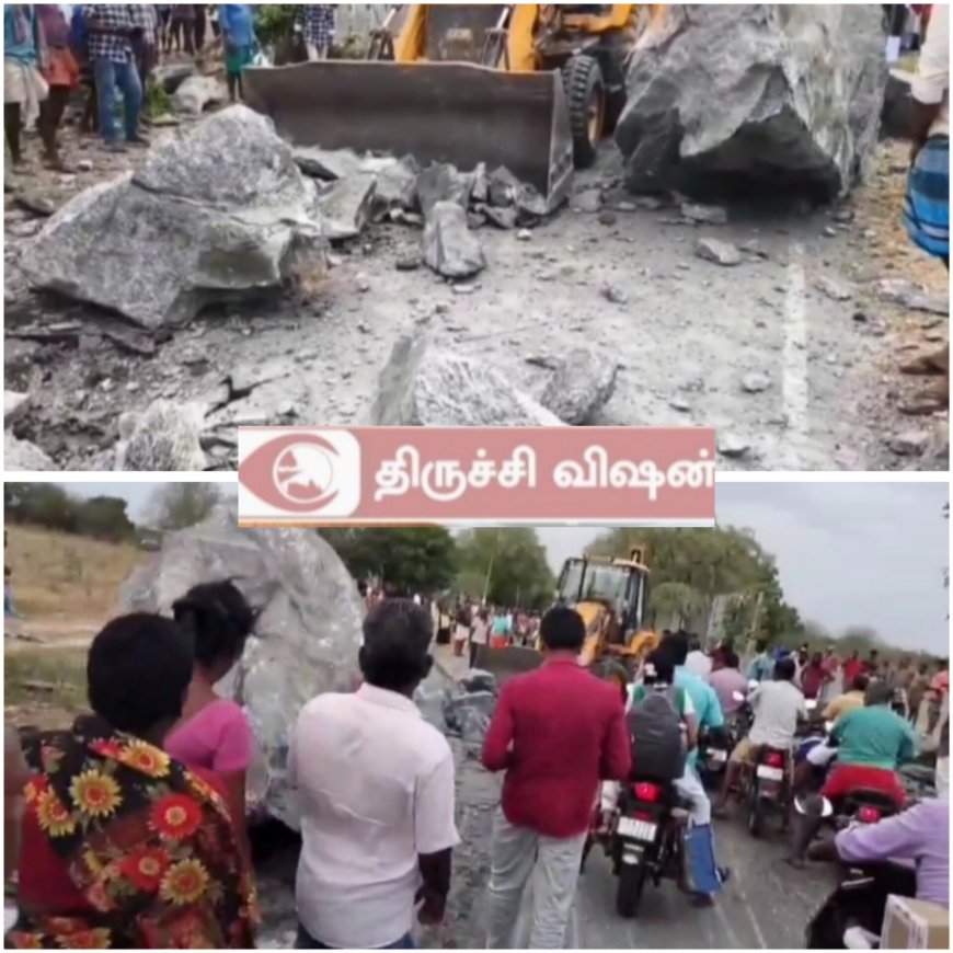 அனுமதியின்றி வைக்கப்பட்ட வெடி சாலையில் சிதறிய பாறைகள் உயிர் தப்பிய மாணவர்கள்