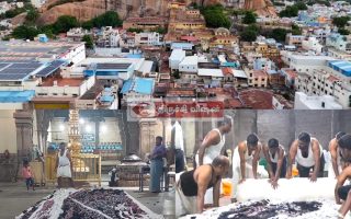 கார்த்திகை தீபத்திருநாளையொட்டி மலைக்கோட்டை தாயுமானசுவாமி ஆலயத்தில் 300மீ பருத்தி துணிகளைக்கொண்டு திரி தயாரிக்கும் பணி தீவிரம்.