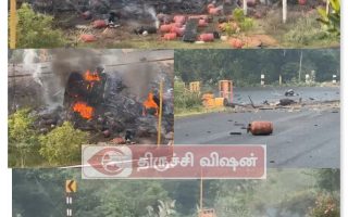 அரியலூரில் சிலிண்டர் ஏற்றி வந்த லாரி விபத்து – வெடித்து சிதறிய சிலிண்டர்கள்