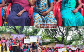 திருச்சியில் நகர்ப்புற வாழ்வாதார பெண்கள் தலைவிரித்து ஒப்பாரி வைத்து நூதன போராட்டம்.