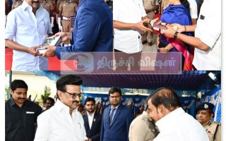 திருச்சி விமான நிலையம் வந்த தமிழக முதல்வர் மு.க.ஸ்டாலினுக்கு உற்சாக வரவேற்பு