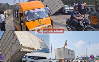 கண்டெய்னர் கார் மீது கவிழ்ந்து விழுந்ததில் அதிர்ஷ்டவசமாக தம்பதியினர் உயிர் தப்பினார்கள் – அரை மணி நேரத்துக்கு மேலாக போக்குவரத்து பாதிப்பு.