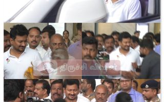 திருச்சி விமான நிலையம் வந்த உதயநிதி ஸ்டாலினுக்கு உற்சாக வரவேற்பு