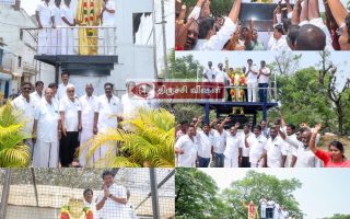 திருவெறும்பூரில் அமைச்சர் அன்பில் மகேஸ் தேர்தல் பரப்புரை தொடக்கம் –  தலைவர்கள் சிலைகளுக்கு மாலை அணிவித்து மரியாதை