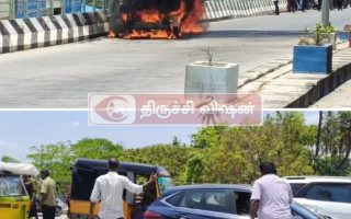 திருவானைக்காவல் மேம்பாலத்தில் குப்பை வாகனத்தில் தீ விபத்து- ஊழியர்கள் அலறியடித்து ஓட்டம்